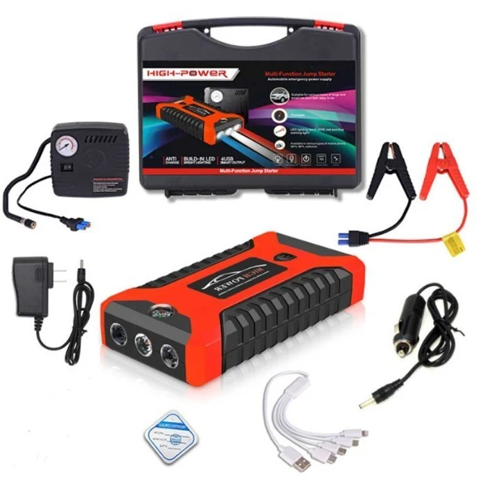 طقم الطوارئ المتكامل للسيارات 4 في 1: جهاز تشغيل البطارية (Jump Starter) + كمبروسر منفاخ العجلات الهوائي + باور بانك وكشاف LED
